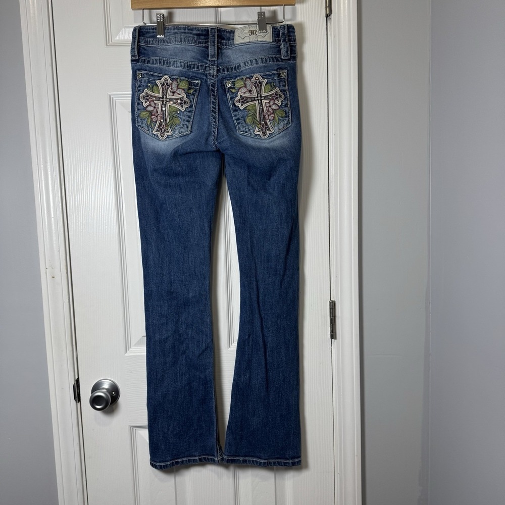 MISS ME Vintage Y2K Floral Cross Bling Boot Cut Low Rise Jeans Womens Size 26x30